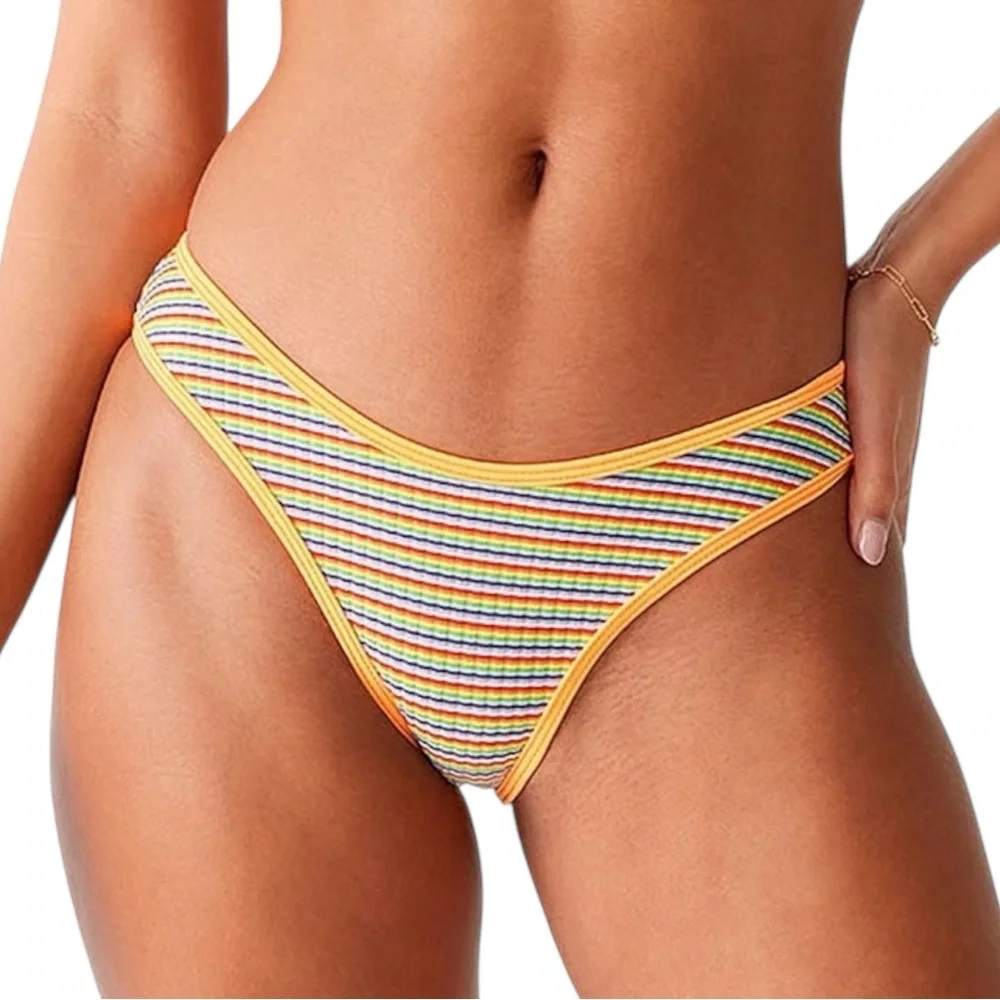 Frankies Bikinis Catalina Ribbed Stripe Bikini Bottom Rainbow Orange XL NWT